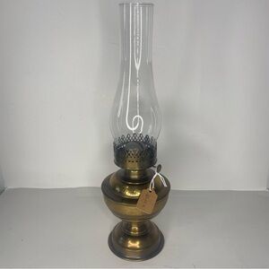 Vintage Guilford Oil Font Lamp & Glass Hurricane Heirloom Brass Hammered 17”